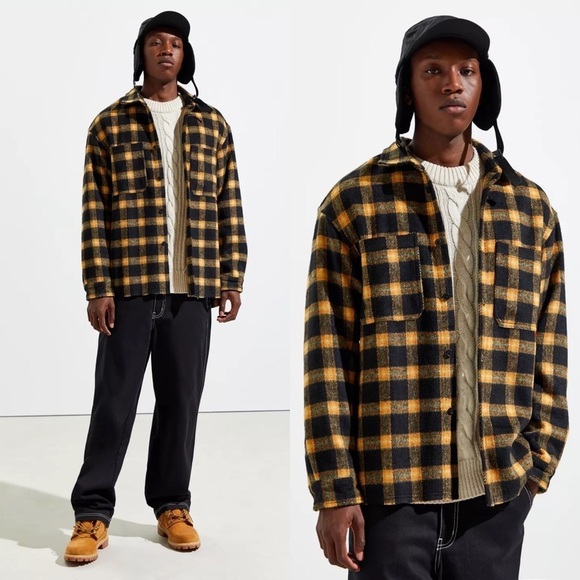 Urban Outfitters Jacket Mens Large Black Yellow Brushed Plaid Barn Chore Shacket - Picture 1 of 13